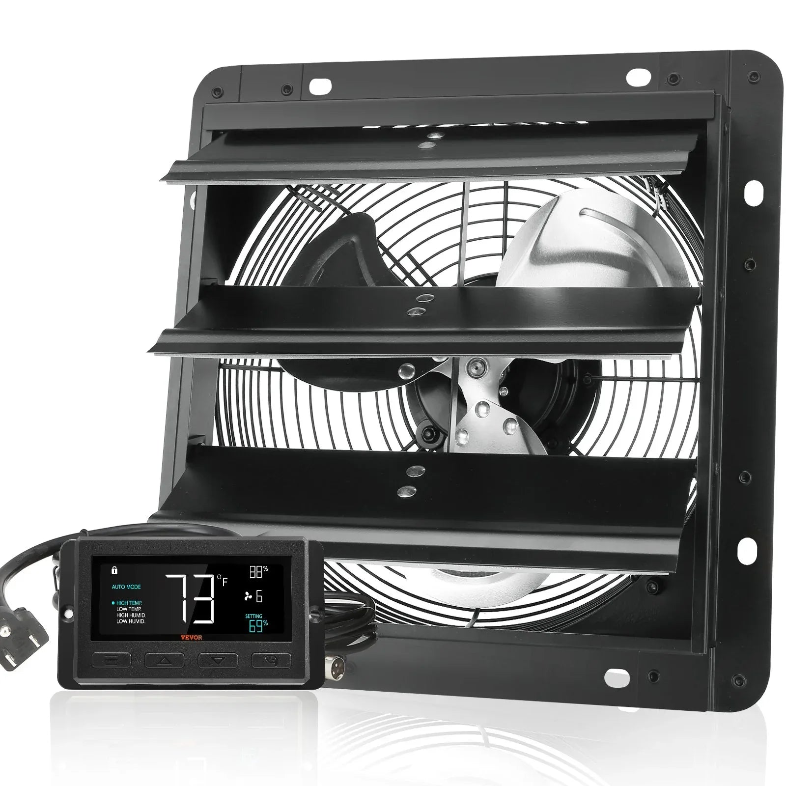 VEVOR Shutter Exhaust Fan, 254mm / 10inch with Temperature Humidity Controller, EC-motor, 843 CFM, Variable Speed Adjustable Wall Mount Attic Fan, Ventilation and Cooling for Greenhouses, Garages, Sheds - Mekamart Australia