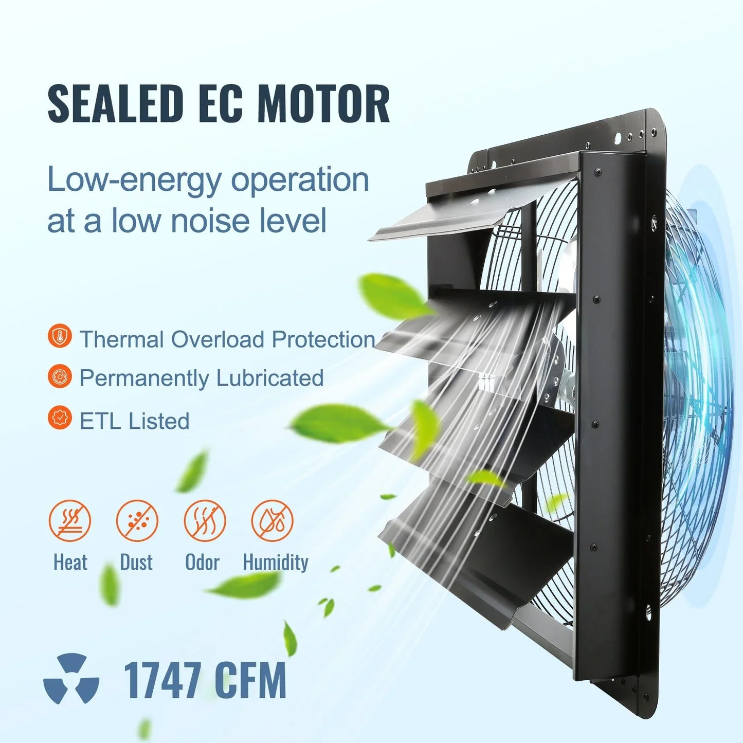VEVOR Shutter Exhaust Fan, 406 mm /16inch with Temperature Humidity Controller, EC-motor, 1747 CFM, Variable Speed Adjustable Wall Mount Attic Fan, Ventilation and Cooling for Greenhouses, Garages, Sheds - Mekamart Australia