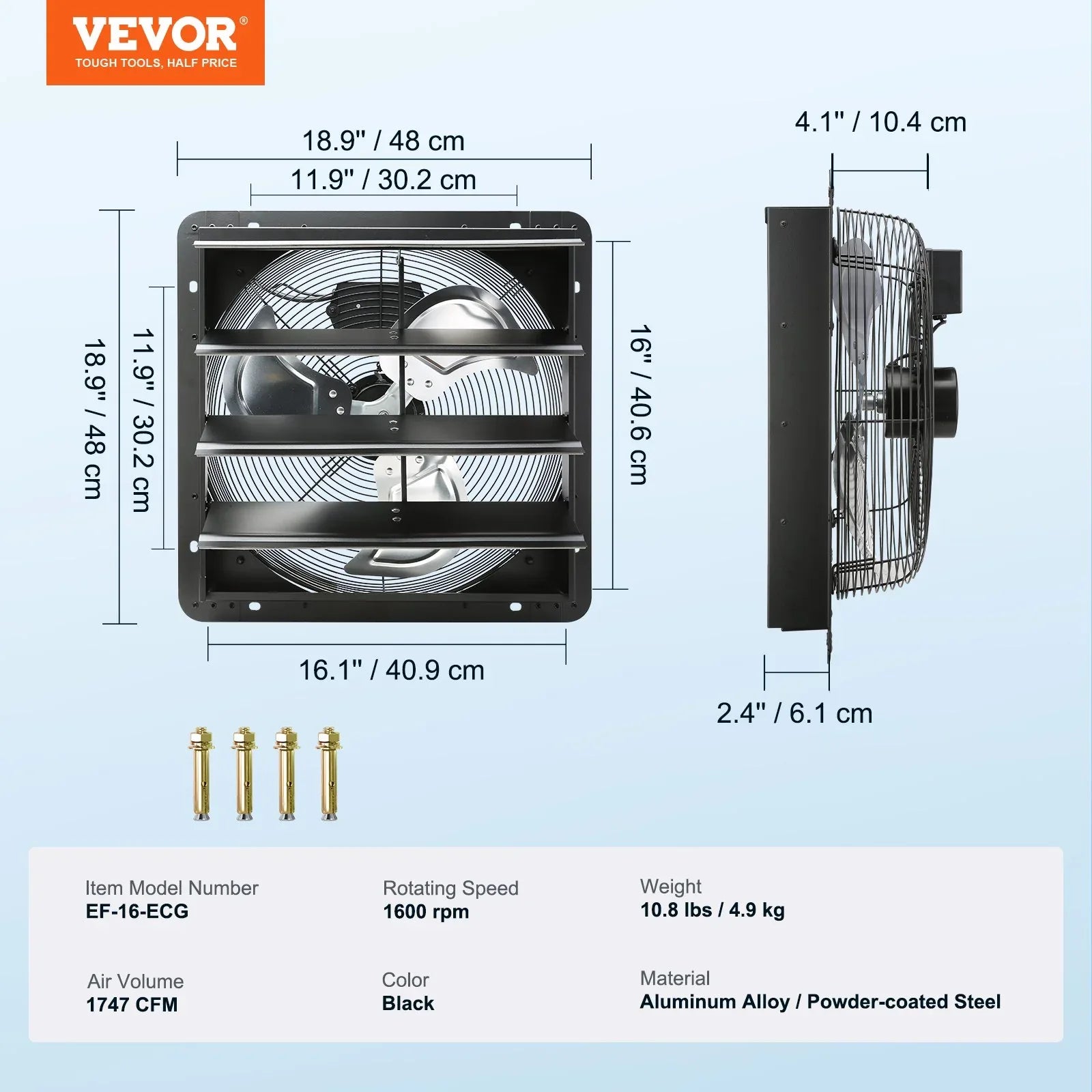 VEVOR Shutter Exhaust Fan, 406 mm /16inch with Temperature Humidity Controller, EC-motor, 1747 CFM, Variable Speed Adjustable Wall Mount Attic Fan, Ventilation and Cooling for Greenhouses, Garages, Sheds - Mekamart Australia