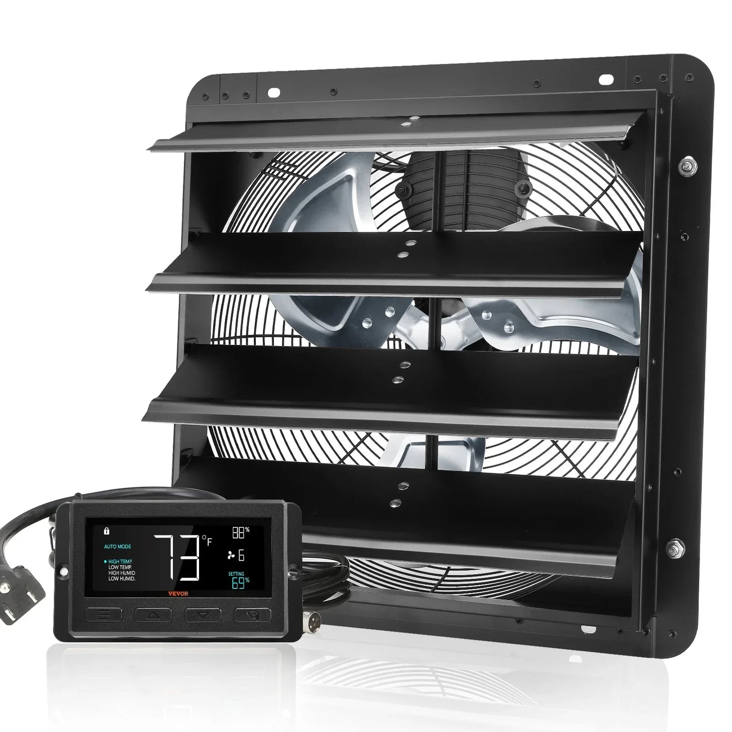 VEVOR Shutter Exhaust Fan, 406 mm /16inch with Temperature Humidity Controller, EC-motor, 1747 CFM, Variable Speed Adjustable Wall Mount Attic Fan, Ventilation and Cooling for Greenhouses, Garages, Sheds - Mekamart Australia