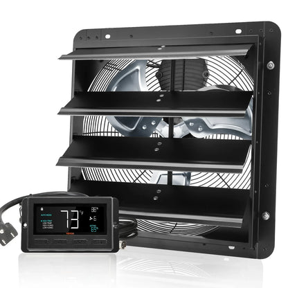 VEVOR Shutter Exhaust Fan, 406 mm /16inch with Temperature Humidity Controller, EC-motor, 1747 CFM, Variable Speed Adjustable Wall Mount Attic Fan, Ventilation and Cooling for Greenhouses, Garages, Sheds - Mekamart Australia
