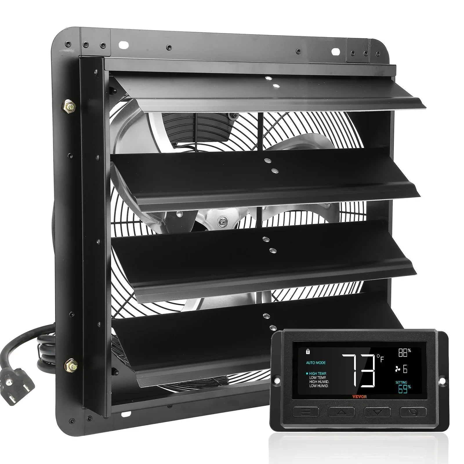 VEVOR Shutter Exhaust Fan, 406 mm /16inch with Temperature Humidity Controller, EC-motor, 1747 CFM, Variable Speed Adjustable Wall Mount Attic Fan, Ventilation and Cooling for Greenhouses, Garages, Sheds - Mekamart Australia