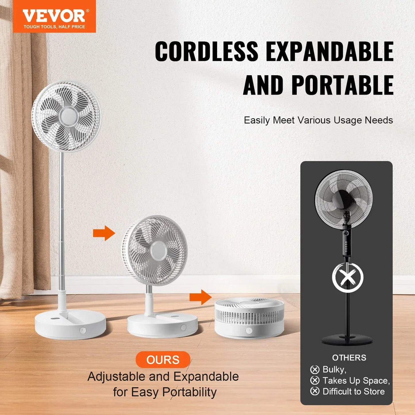 VEVOR 12 Inch Foldable Oscillating Standing Fan with Remote Control, 4 Speed Adjustable Portable Desk Quiet Fan, 7200mah Rechargeable USB Small Fan, Folded Rotating Floor Fan for Bedroom Office Travel - Mekamart Australia