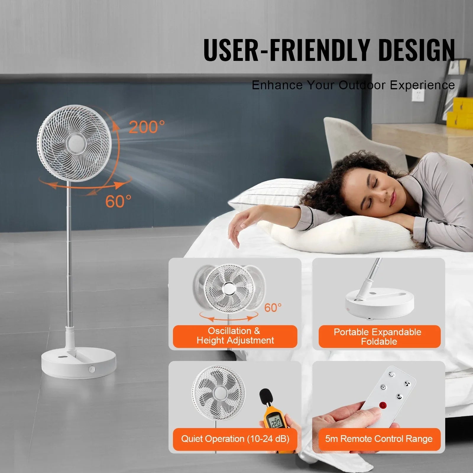 VEVOR 12 Inch Foldable Oscillating Standing Fan with Remote Control, 4 Speed Adjustable Portable Desk Quiet Fan, 7200mah Rechargeable USB Small Fan, Folded Rotating Floor Fan for Bedroom Office Travel - Mekamart Australia