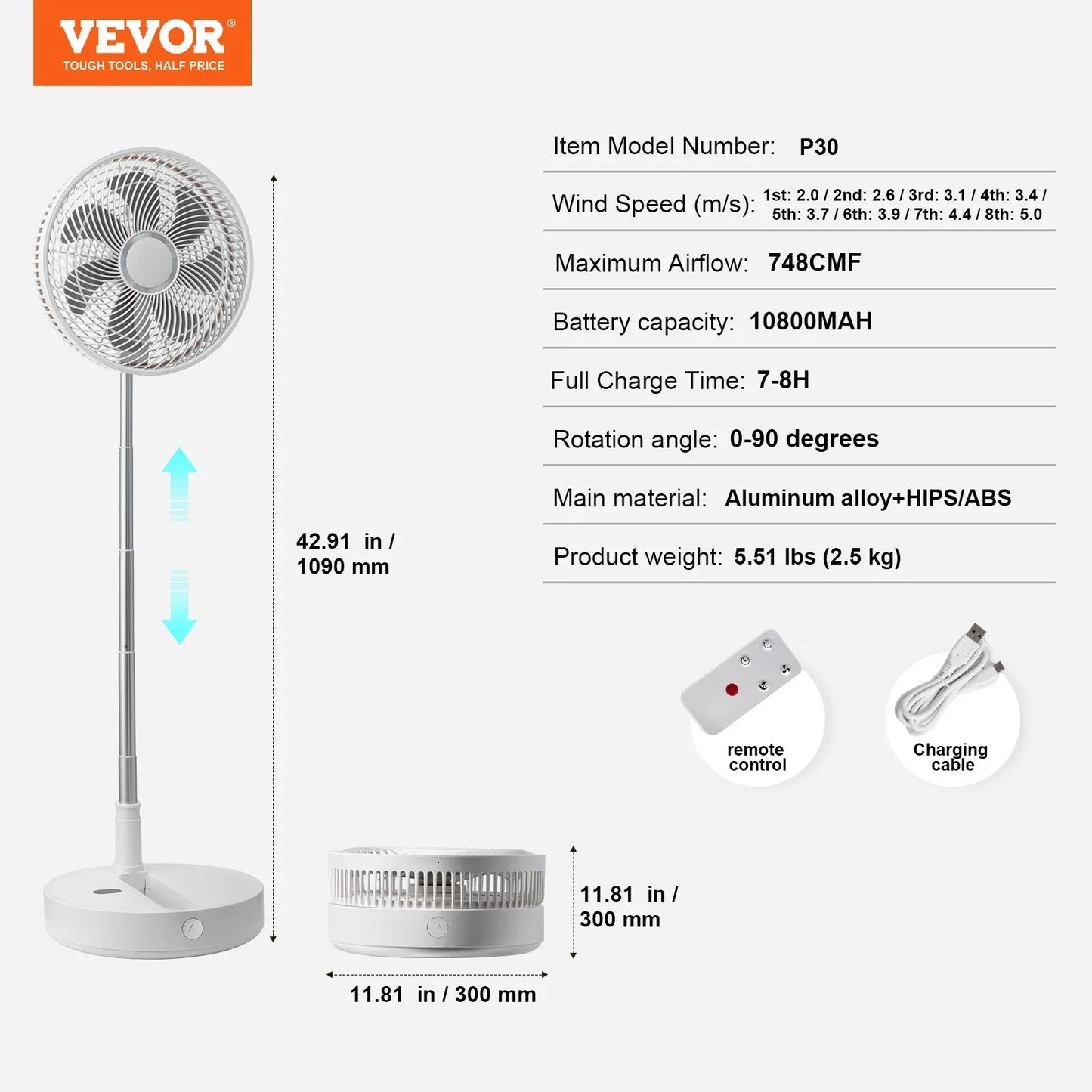 VEVOR 12 Inch Foldable Oscillating Standing Fan with Remote Control, 4 Speed Adjustable Portable Desk Quiet Fan, 7200mah Rechargeable USB Small Fan, Folded Rotating Floor Fan for Bedroom Office Travel - Mekamart Australia
