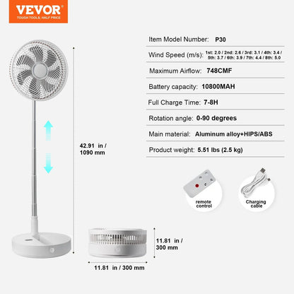 VEVOR 12 Inch Foldable Oscillating Standing Fan with Remote Control, 4 Speed Adjustable Portable Desk Quiet Fan, 7200mah Rechargeable USB Small Fan, Folded Rotating Floor Fan for Bedroom Office Travel - Mekamart Australia