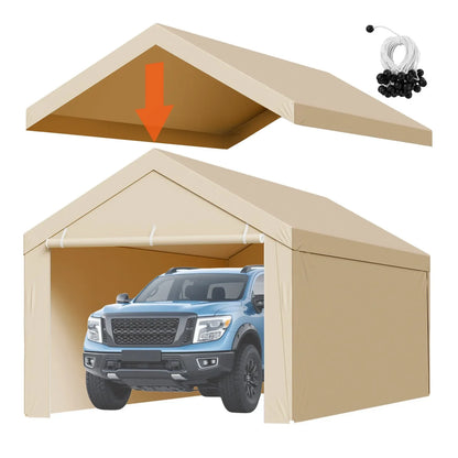 VEVOR Carport Replacement Canopy, 6 x 3 m Potable Garage Tent Top Tarp with Sidewalls, UV-Resistant & Waterproof, Heavy Duty Car Shelter Tarp with Ball Buggees, Beige, Frame Not Included - Mekamart Australia