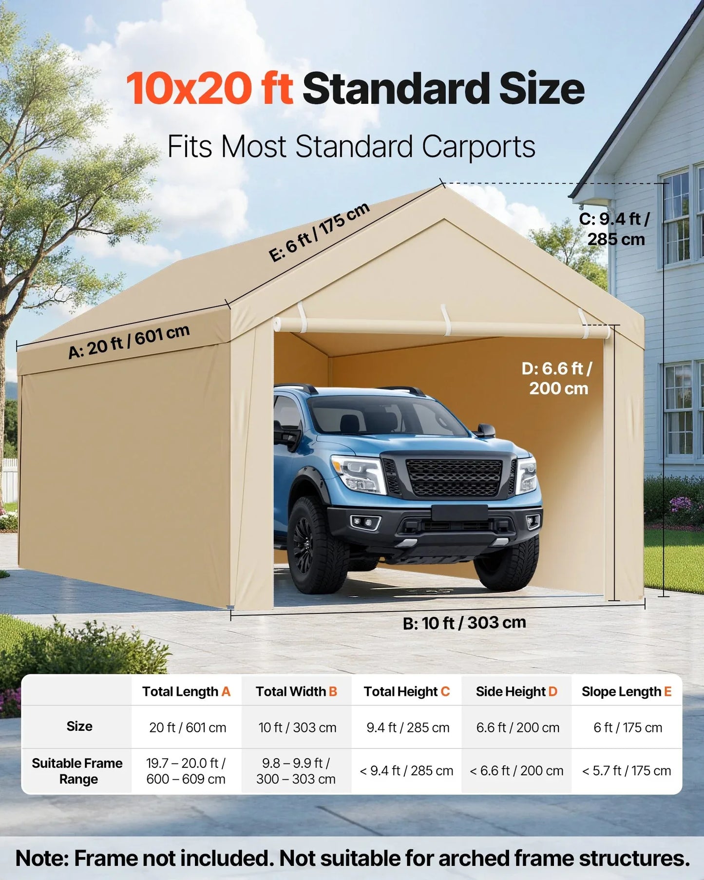 VEVOR Carport Replacement Canopy, 6 x 3 m Potable Garage Tent Top Tarp with Sidewalls, UV-Resistant & Waterproof, Heavy Duty Car Shelter Tarp with Ball Buggees, Beige, Frame Not Included - Mekamart Australia