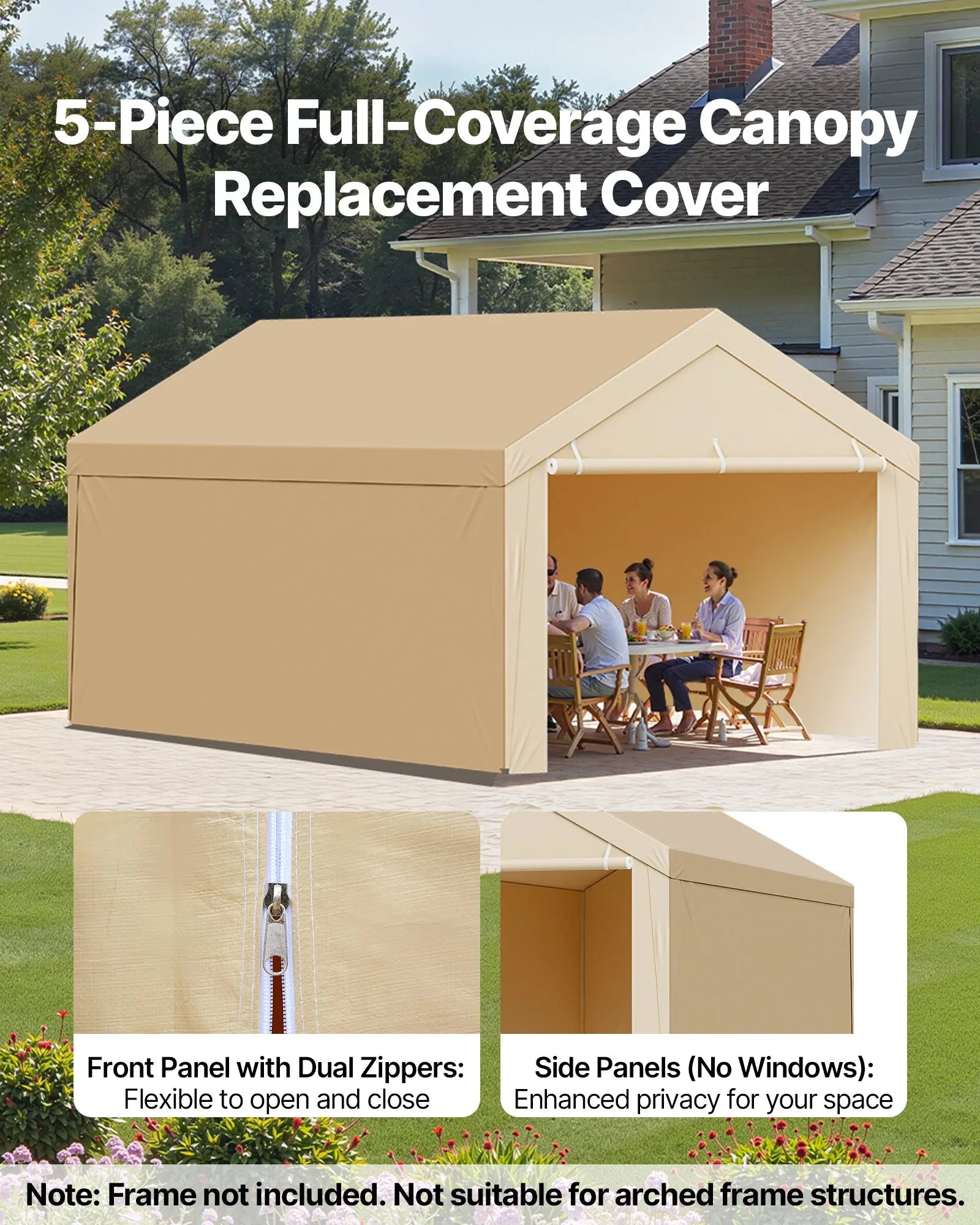 VEVOR Carport Replacement Canopy, 6 x 3 m Potable Garage Tent Top Tarp with Sidewalls, UV-Resistant & Waterproof, Heavy Duty Car Shelter Tarp with Ball Buggees, Beige, Frame Not Included - Mekamart Australia