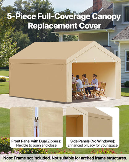 VEVOR Carport Replacement Canopy, 6 x 3 m Potable Garage Tent Top Tarp with Sidewalls, UV-Resistant & Waterproof, Heavy Duty Car Shelter Tarp with Ball Buggees, Beige, Frame Not Included - Mekamart Australia