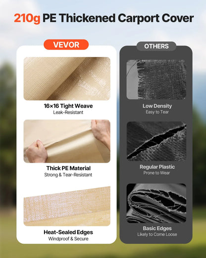 VEVOR Carport Replacement Canopy, 6 x 3 m Potable Garage Tent Top Tarp with Sidewalls, UV-Resistant & Waterproof, Heavy Duty Car Shelter Tarp with Ball Buggees, Beige, Frame Not Included - Mekamart Australia