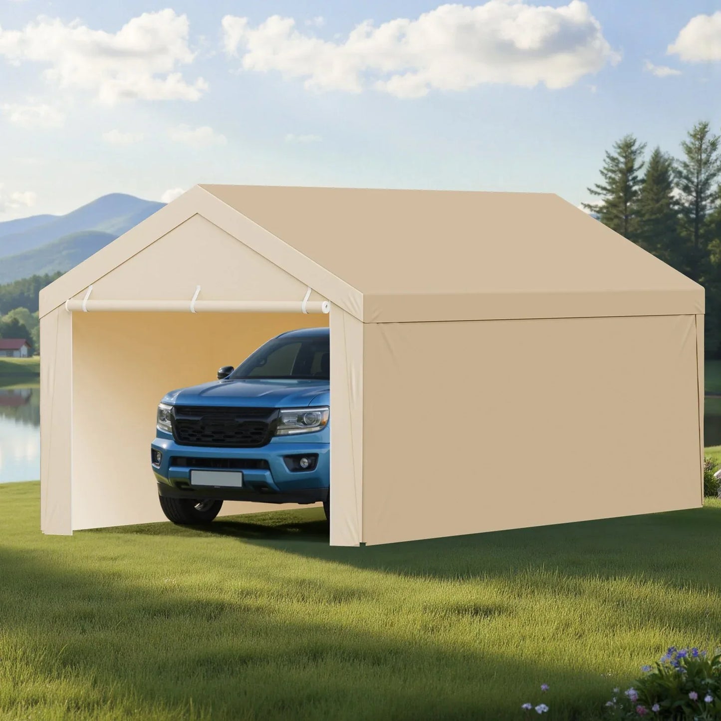 VEVOR Carport Replacement Canopy, 6 x 3 m Potable Garage Tent Top Tarp with Sidewalls, UV-Resistant & Waterproof, Heavy Duty Car Shelter Tarp with Ball Buggees, Beige, Frame Not Included - Mekamart Australia