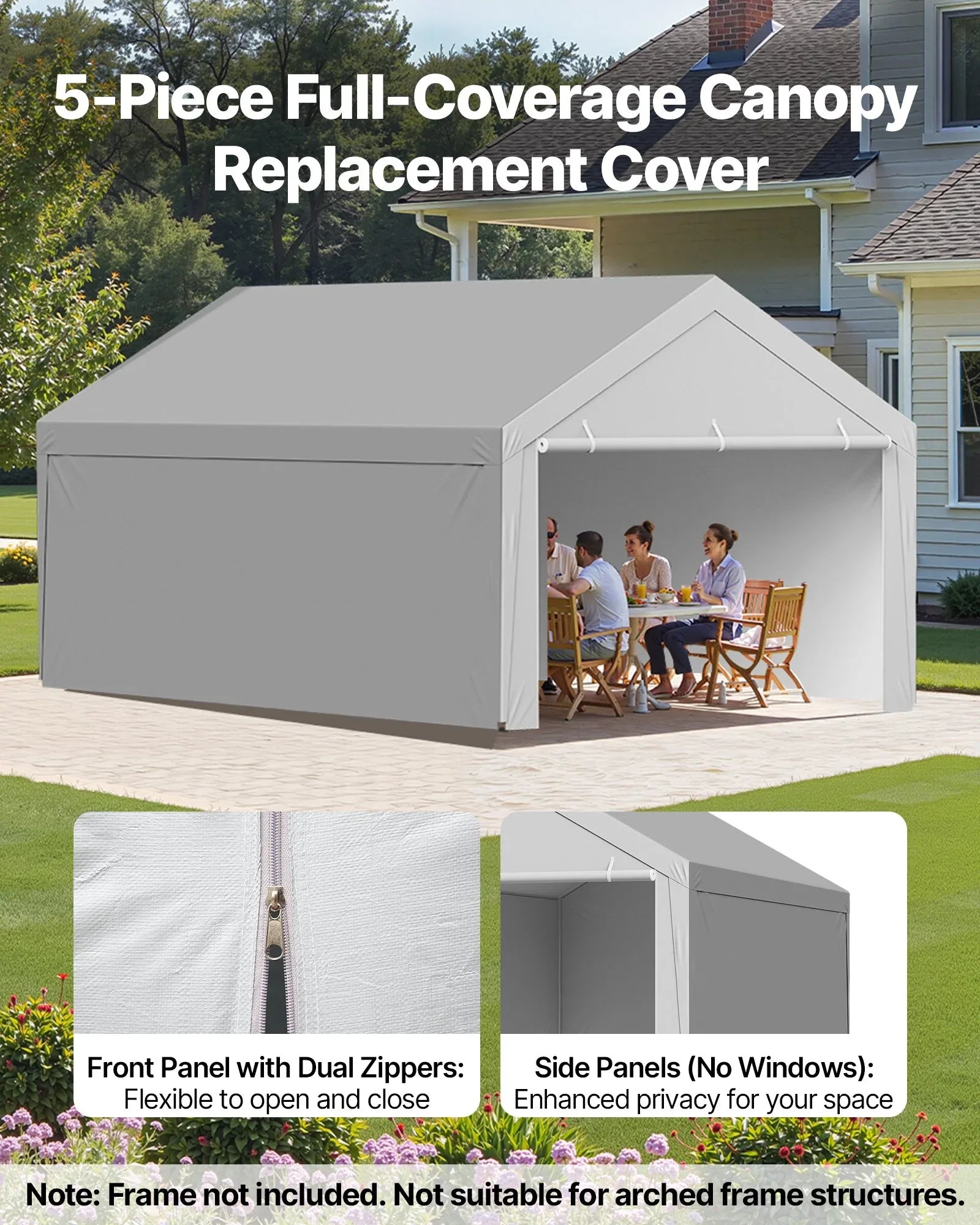 VEVOR Carport Replacement Canopy, 6x 3.6 m Potable Garage Tent Top Tarp with Sidewalls, UV-Resistant & Waterproof, Heavy Duty Car Shelter Tarp with Ball Buggees, Grey, Frame Not Included - Mekamart Australia