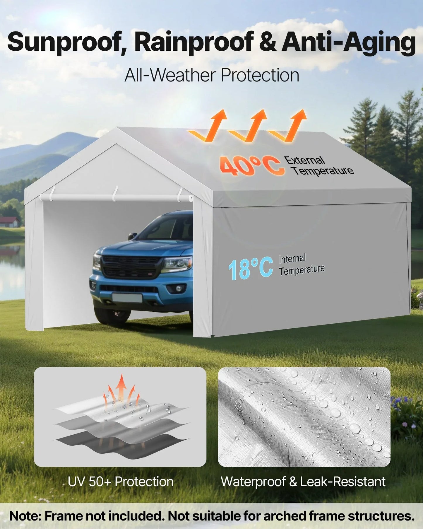 VEVOR Carport Replacement Canopy, 6x 3.6 m Potable Garage Tent Top Tarp with Sidewalls, UV-Resistant & Waterproof, Heavy Duty Car Shelter Tarp with Ball Buggees, Grey, Frame Not Included - Mekamart Australia