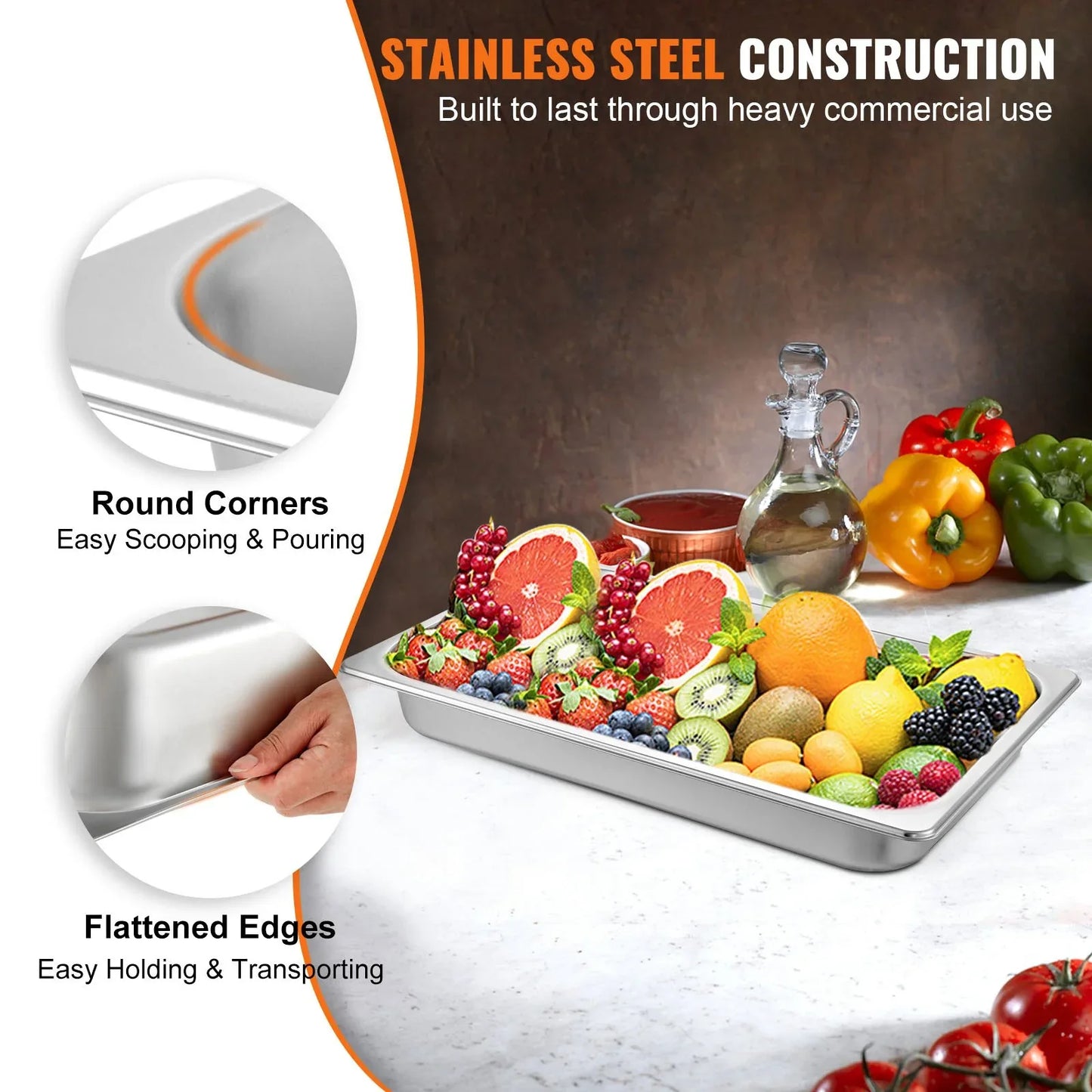 VEVOR Hotel Pans Full Size 2.5 Inch Deep, Steam Table Pan 6 Pack , 22 Gauge/0.8mm Thick Stainless Steel Hotel Pan Anti Jam Steam Table Pan - Mekamart Australia