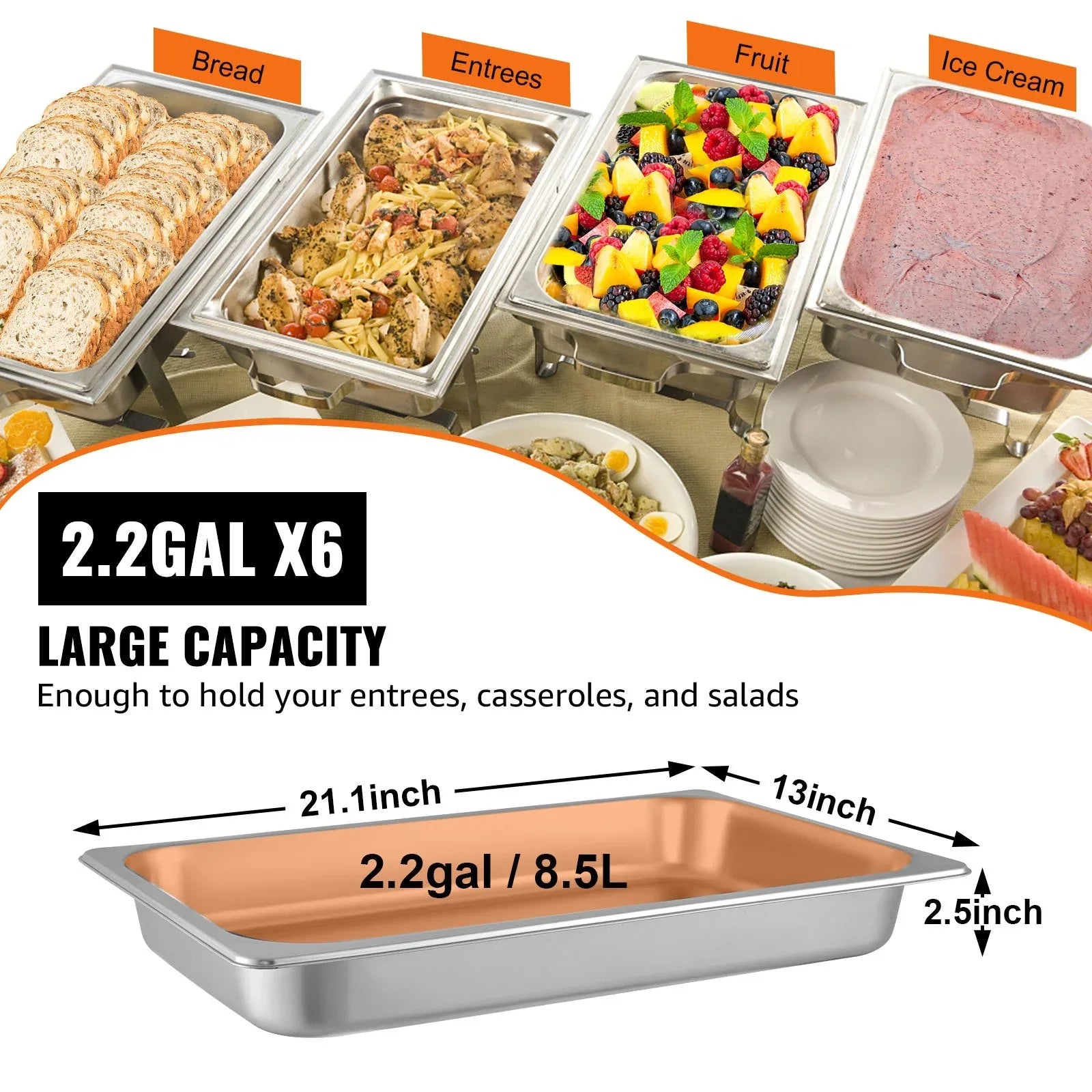 VEVOR Hotel Pans Full Size 2.5 Inch Deep, Steam Table Pan 6 Pack , 22 Gauge/0.8mm Thick Stainless Steel Hotel Pan Anti Jam Steam Table Pan - Mekamart Australia