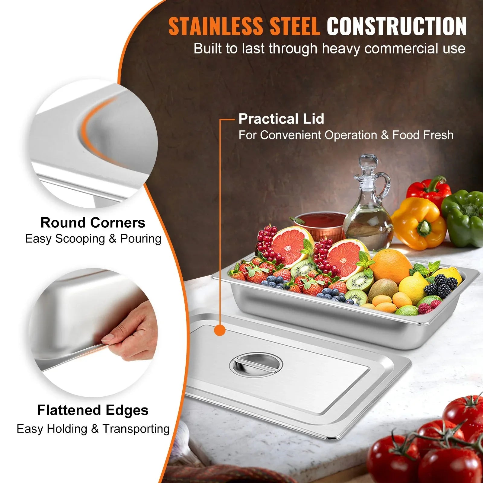 VEVOR 4 Pack Hotel Pan 3.7" Deep Steam Table Pan Full Size with Lid 20.8"L x 13"W Hotel Pan 22 Gauge Stainless Steel Anti Jam Steam Table Pan - Mekamart Australia