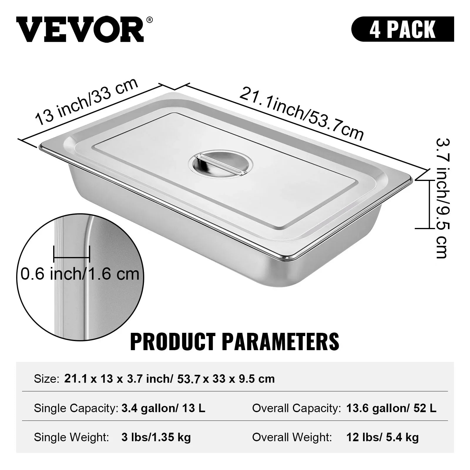 VEVOR 4 Pack Hotel Pan 3.7" Deep Steam Table Pan Full Size with Lid 20.8"L x 13"W Hotel Pan 22 Gauge Stainless Steel Anti Jam Steam Table Pan - Mekamart Australia