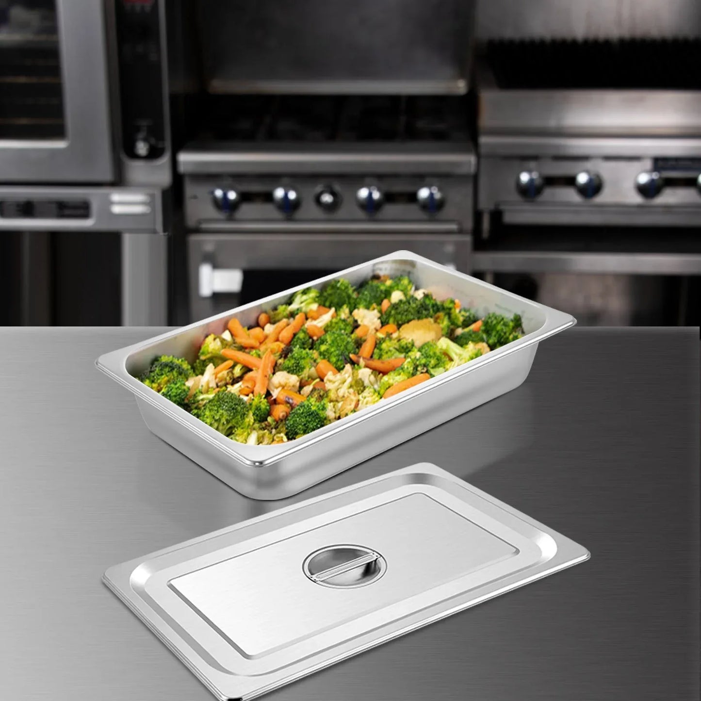 VEVOR 4 Pack Hotel Pan 3.7" Deep Steam Table Pan Full Size with Lid 20.8"L x 13"W Hotel Pan 22 Gauge Stainless Steel Anti Jam Steam Table Pan - Mekamart Australia