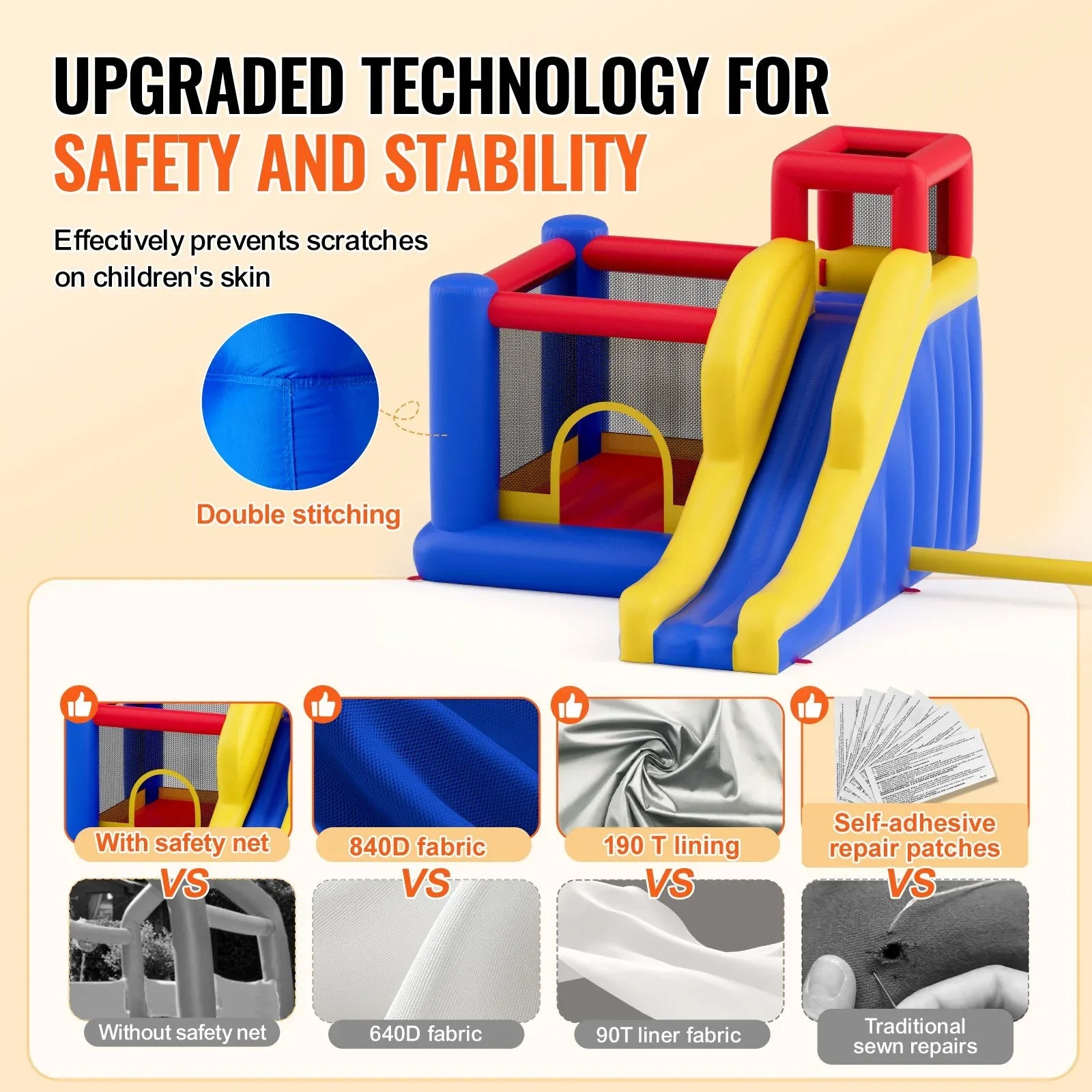 VEVOR Inflatable Bounce House, Outdoor High Quality Playhouse Trampoline, Jumping Bouncer with Blower, Slide, and Storage Bag, Family Backyard Bouncy Castle, for Kid Ages 3_8 Years, 3.4x2.6x2.3m - Mekamart Australia