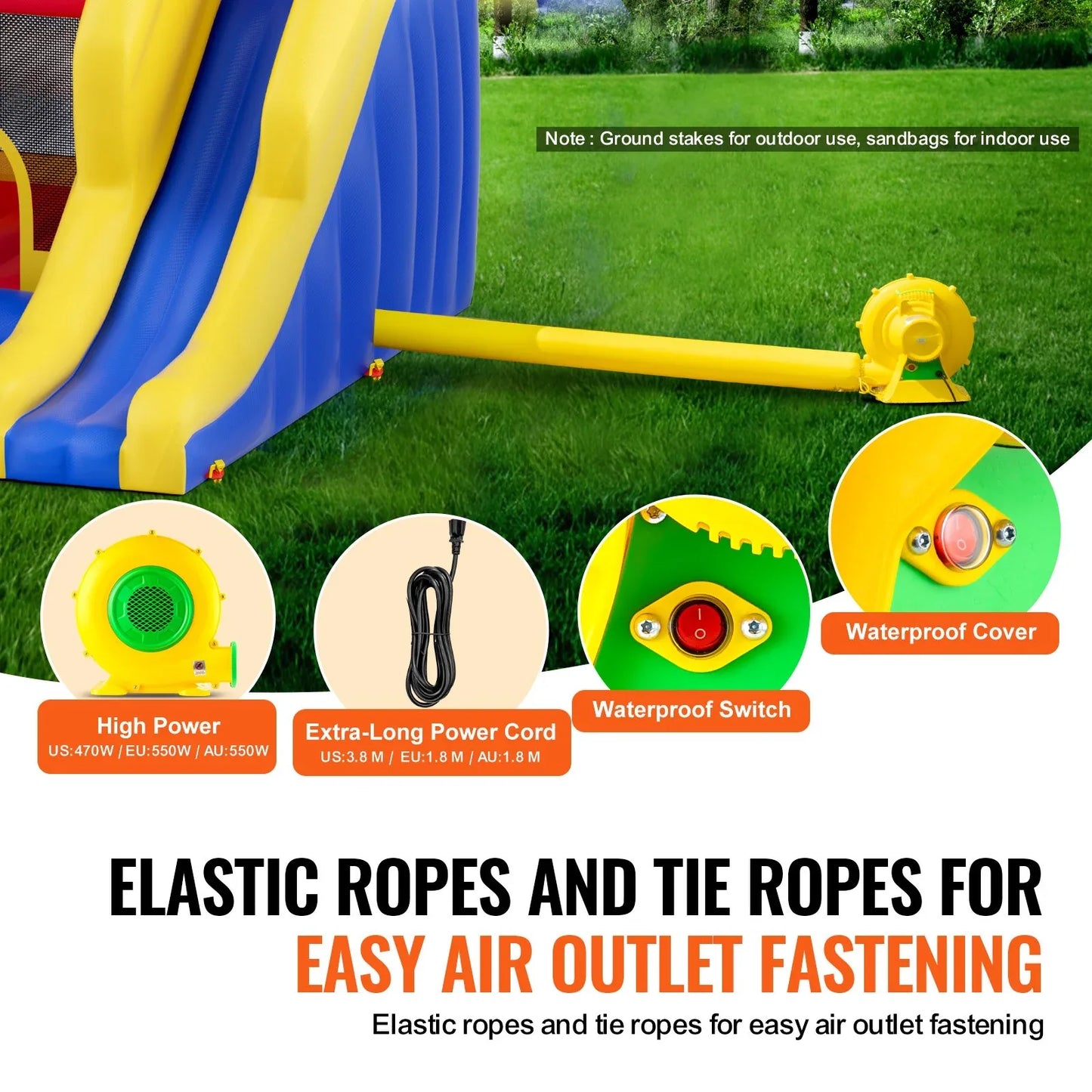 VEVOR Inflatable Bounce House, Outdoor High Quality Playhouse Trampoline, Jumping Bouncer with Blower, Slide, and Storage Bag, Family Backyard Bouncy Castle, for Kid Ages 3_8 Years, 3.4x2.6x2.3m - Mekamart Australia