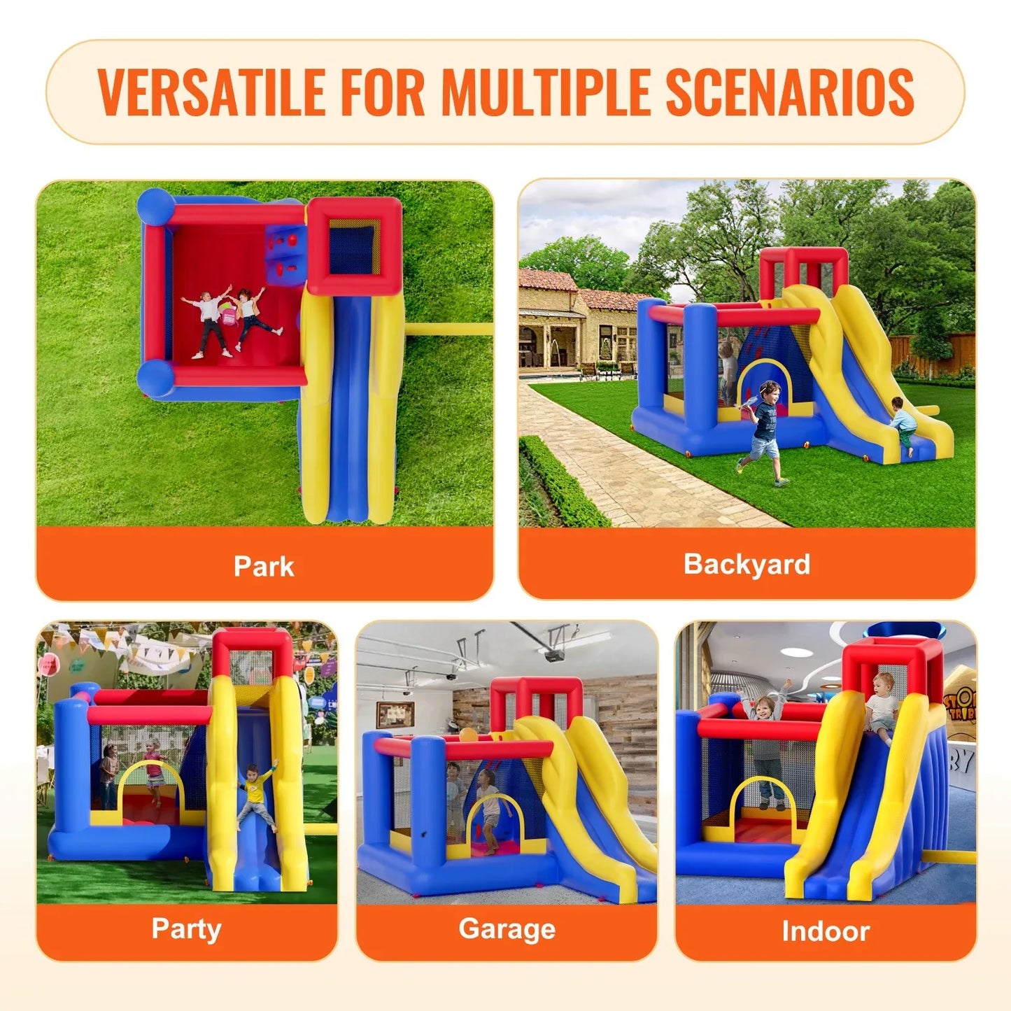 VEVOR Inflatable Bounce House, Outdoor High Quality Playhouse Trampoline, Jumping Bouncer with Blower, Slide, and Storage Bag, Family Backyard Bouncy Castle, for Kid Ages 3_8 Years, 3.4x2.6x2.3m - Mekamart Australia