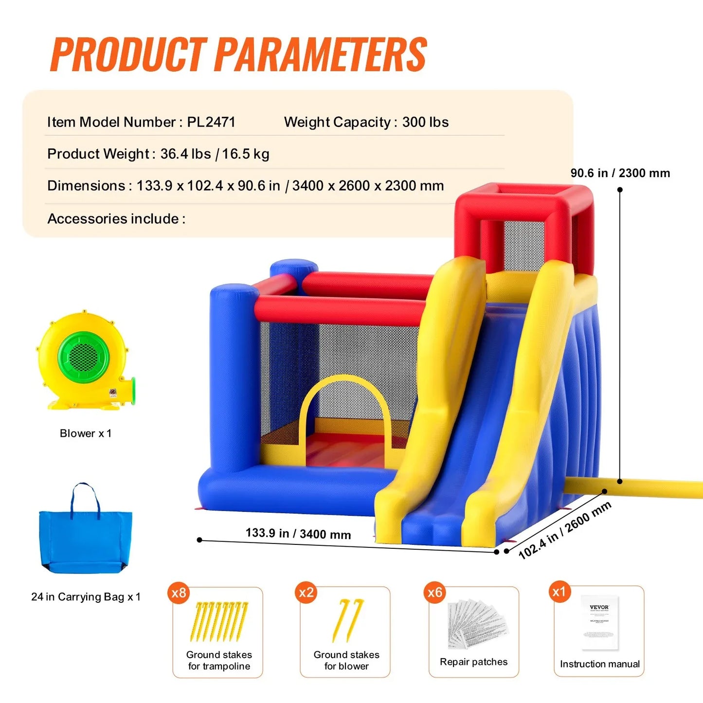 VEVOR Inflatable Bounce House, Outdoor High Quality Playhouse Trampoline, Jumping Bouncer with Blower, Slide, and Storage Bag, Family Backyard Bouncy Castle, for Kid Ages 3_8 Years, 3.4x2.6x2.3m - Mekamart Australia