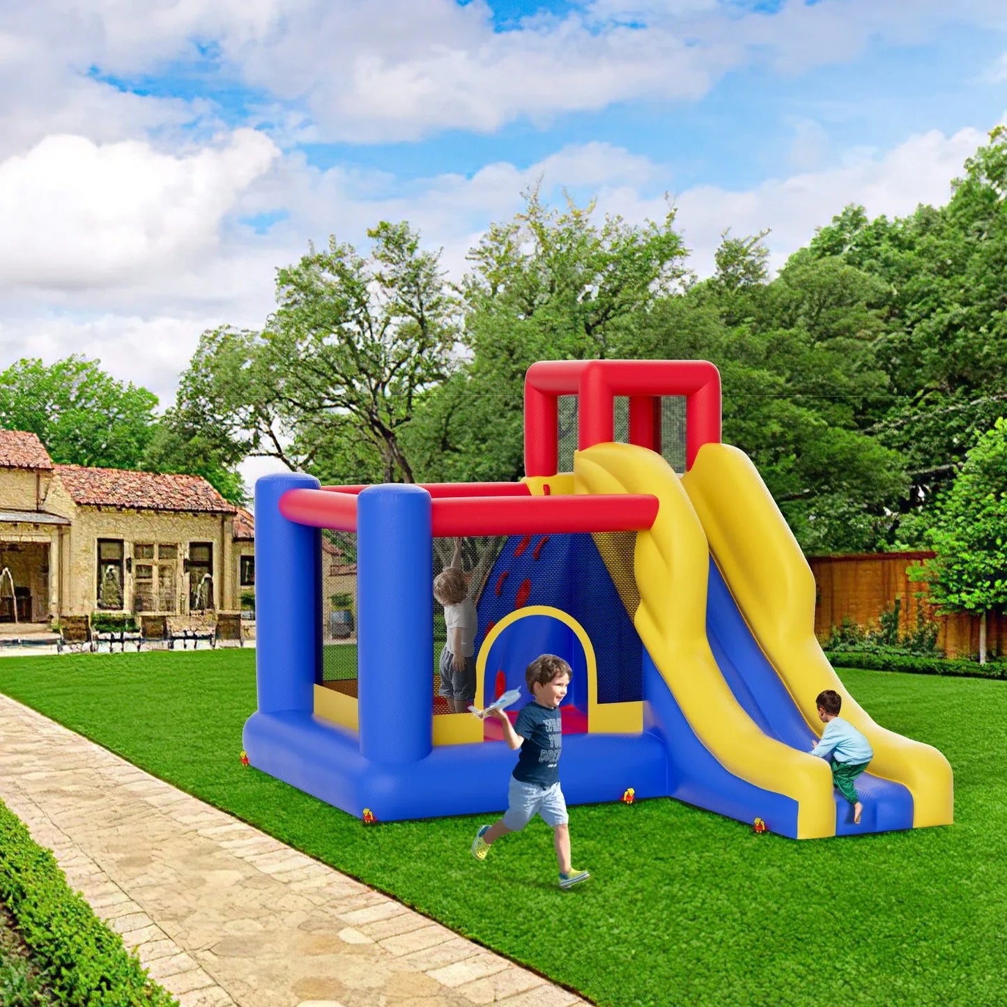 VEVOR Inflatable Bounce House, Outdoor High Quality Playhouse Trampoline, Jumping Bouncer with Blower, Slide, and Storage Bag, Family Backyard Bouncy Castle, for Kid Ages 3_8 Years, 3.4x2.6x2.3m - Mekamart Australia