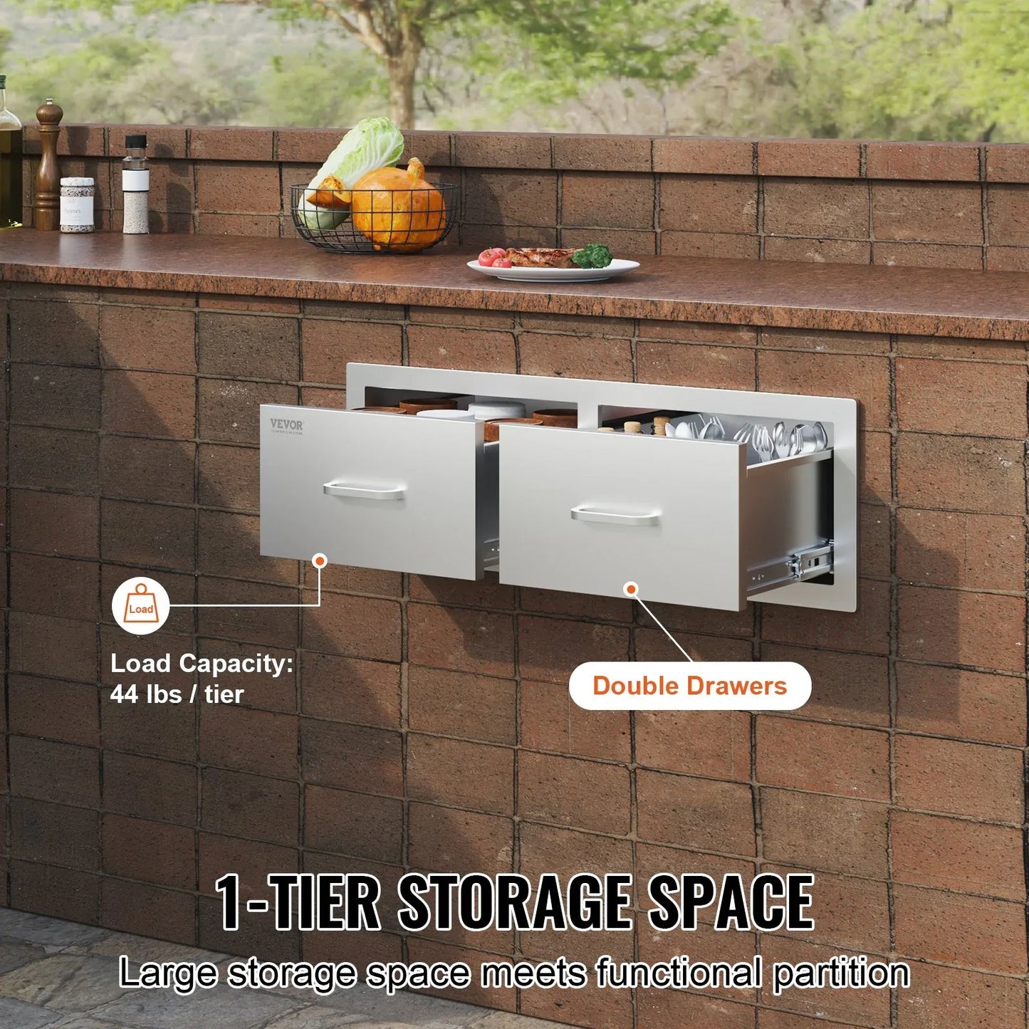 VEVOR Outdoor Kitchen Drawers 30" W x 10" H x 20" D, Horizontal Double BBQ Access Drawers Stainless Steel with Handle, BBQ Island Drawers for Outdoor Kitchens or Patio Grill Station - Mekamart Australia