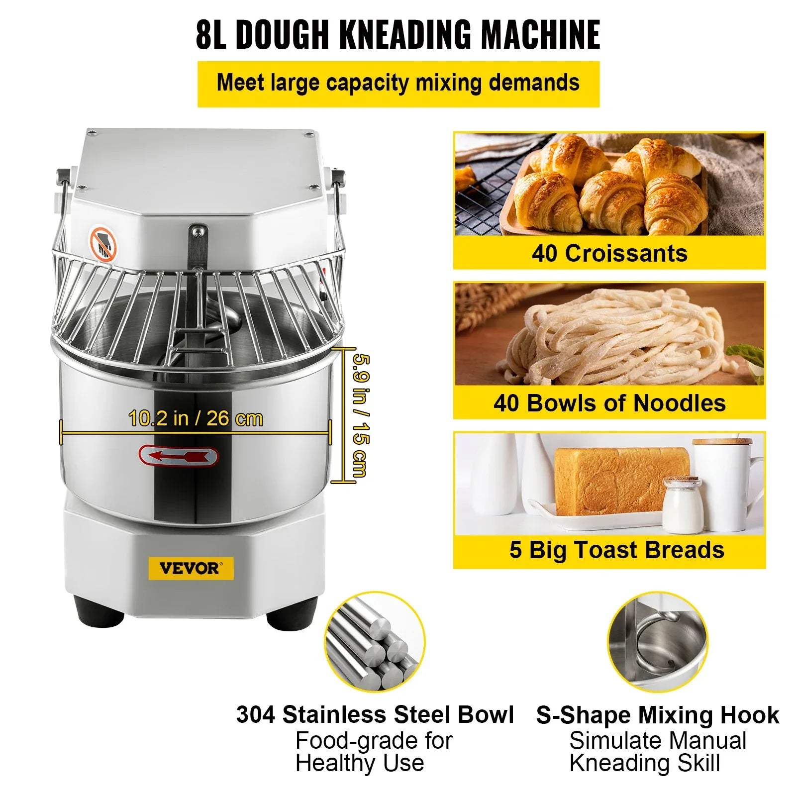 VEVOR Commercial Dough Food Mixer, 8L Large Capacity Stainless Steel Mixer with Bowel, Hook, Shield, Reset Button, 450W Tilt-Head Kitchen Dough Mixers for Cake, Cream, Egg Fluid, Fillings - Mekamart Australia