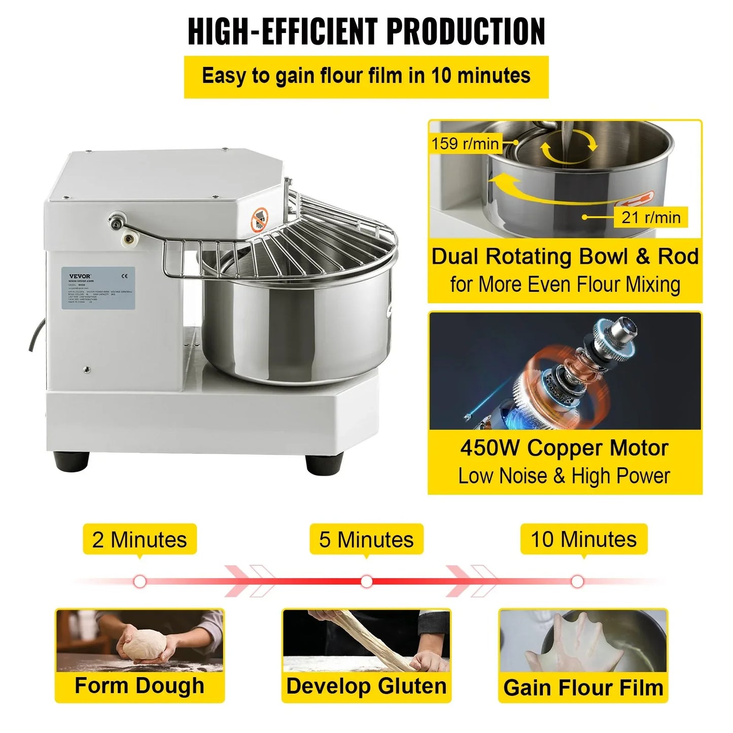 VEVOR Commercial Dough Food Mixer, 8L Large Capacity Stainless Steel Mixer with Bowel, Hook, Shield, Reset Button, 450W Tilt-Head Kitchen Dough Mixers for Cake, Cream, Egg Fluid, Fillings - Mekamart Australia