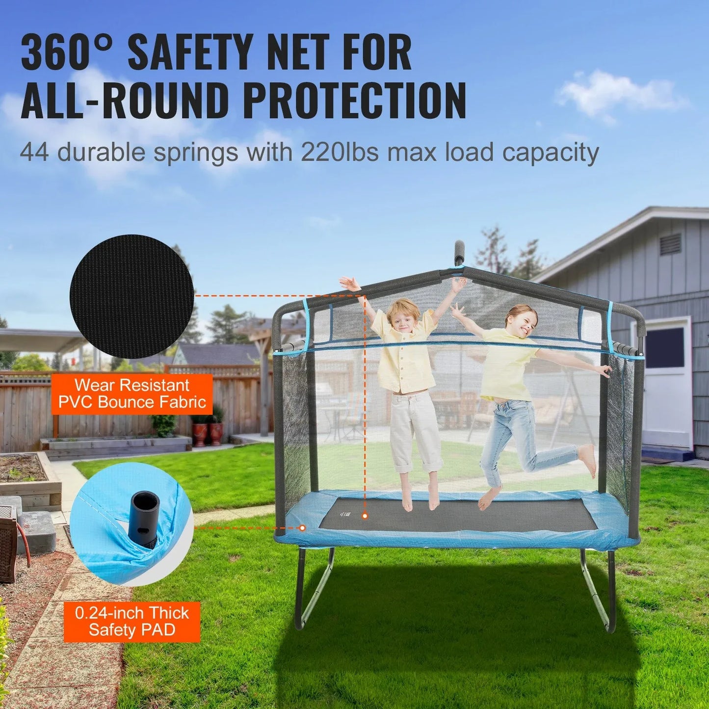 VEVOR 6FT Trampoline for Kids, 72" Indoor/Outdoor Toddlers Trampoline, Mini Baby Trampoline with Safety Enclosure Net, Gymnastics Bar, Hammock, Recreational Trampoline Birthday Gift for 3+ Years Kids - Mekamart Australia