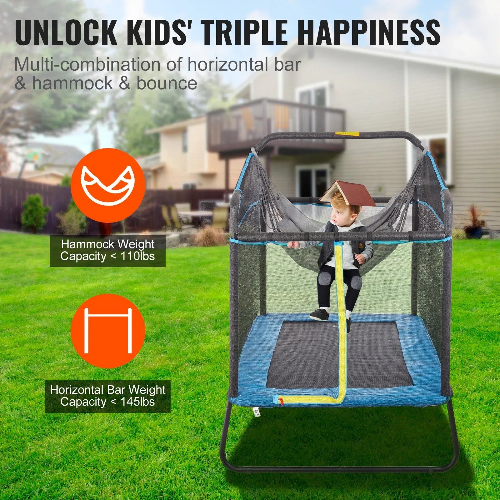 VEVOR 6FT Trampoline for Kids, 72" Indoor/Outdoor Toddlers Trampoline, Mini Baby Trampoline with Safety Enclosure Net, Gymnastics Bar, Hammock, Recreational Trampoline Birthday Gift for 3+ Years Kids - Mekamart Australia