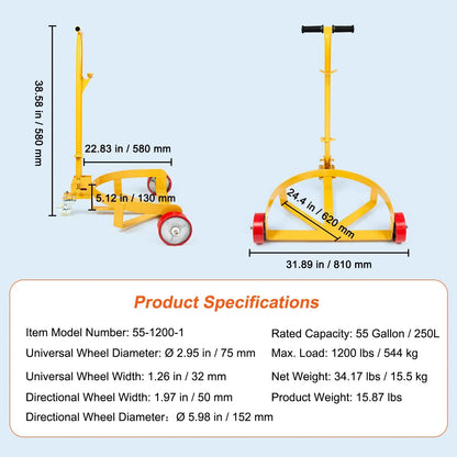 VEVOR 250L Drum Dolly, 544 kg Load Capacity, Barrel Dolly Cart Drum Caddy Round Dolly Steel Low Profile, Heavy Duty Steel Frame with Adjustable Handle 3 Wheels, for Workshop Factory Warehouse - Mekamart Australia