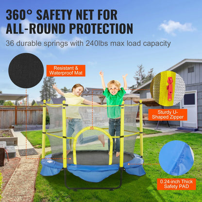 VEVOR 5FT Trampoline for Kids, 60" Indoor Outdoor Trampoline with Safety Enclosure Net, Basketball Hoop and Ocean Balls, Mini Toddler Recreational Trampoline Birthday Gifts for 3+ Years Kids - Mekamart Australia