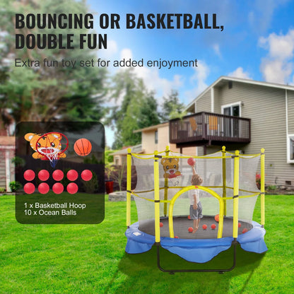 VEVOR 5FT Trampoline for Kids, 60" Indoor Outdoor Trampoline with Safety Enclosure Net, Basketball Hoop and Ocean Balls, Mini Toddler Recreational Trampoline Birthday Gifts for 3+ Years Kids - Mekamart Australia