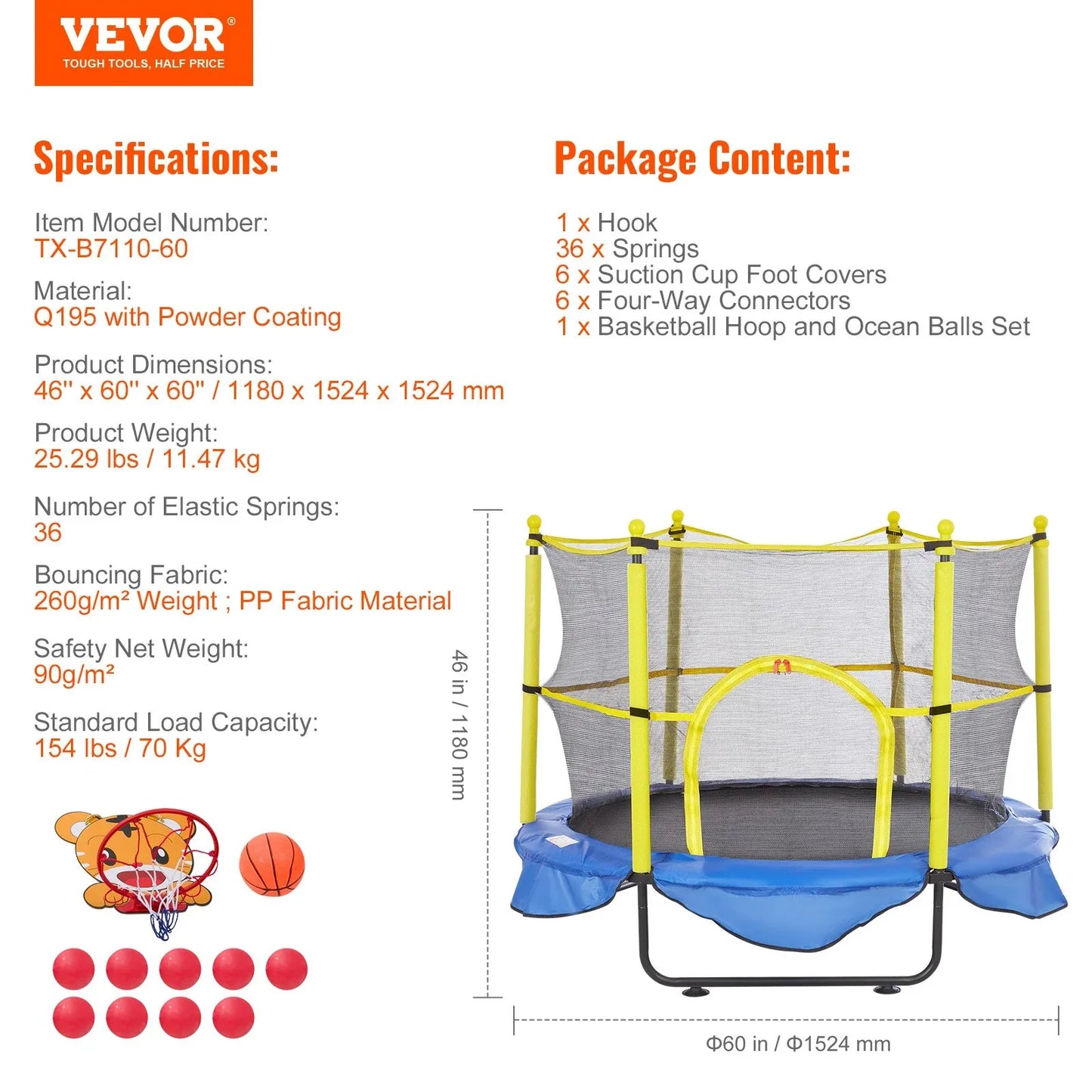 VEVOR 5FT Trampoline for Kids, 60" Indoor Outdoor Trampoline with Safety Enclosure Net, Basketball Hoop and Ocean Balls, Mini Toddler Recreational Trampoline Birthday Gifts for 3+ Years Kids - Mekamart Australia