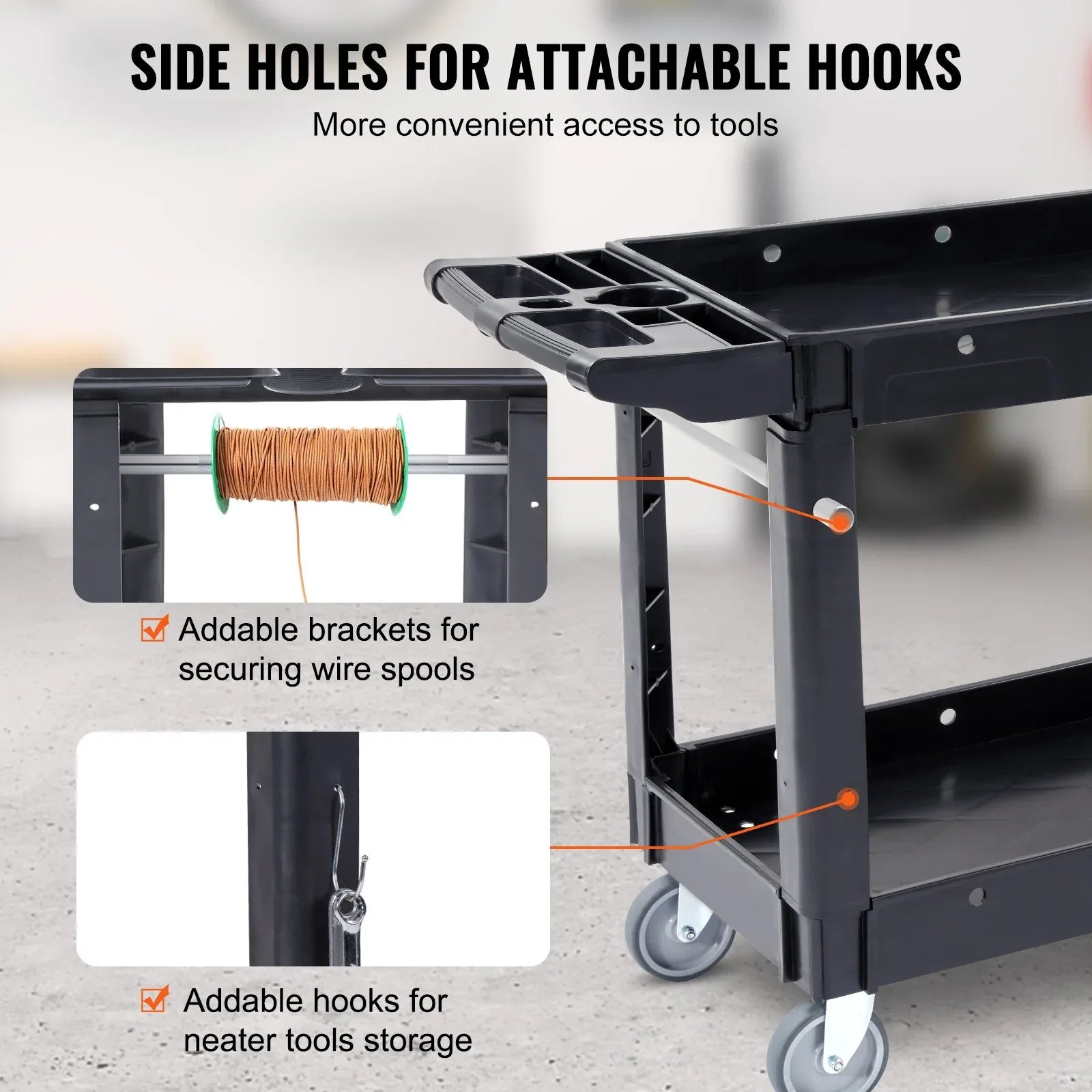 VEVOR Utility Service Cart, 2 Shelf 550LBS Heavy Duty Plastic Rolling Utility Cart with 360° Swivel Wheels, Medium Lipped Shelf, Ergonomic Storage Handle for Warehouse/Garage/Cleaning/Office - Mekamart Australia