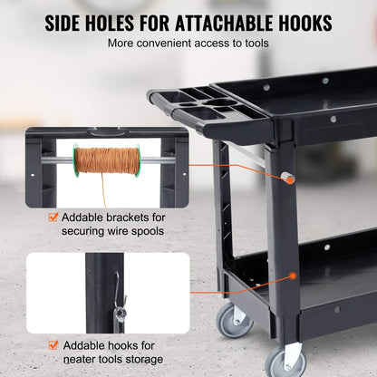 VEVOR Utility Service Cart, 2 Shelf 550LBS Heavy Duty Plastic Rolling Utility Cart with 360° Swivel Wheels, Medium Lipped Shelf, Ergonomic Storage Handle for Warehouse/Garage/Cleaning/Office - Mekamart Australia