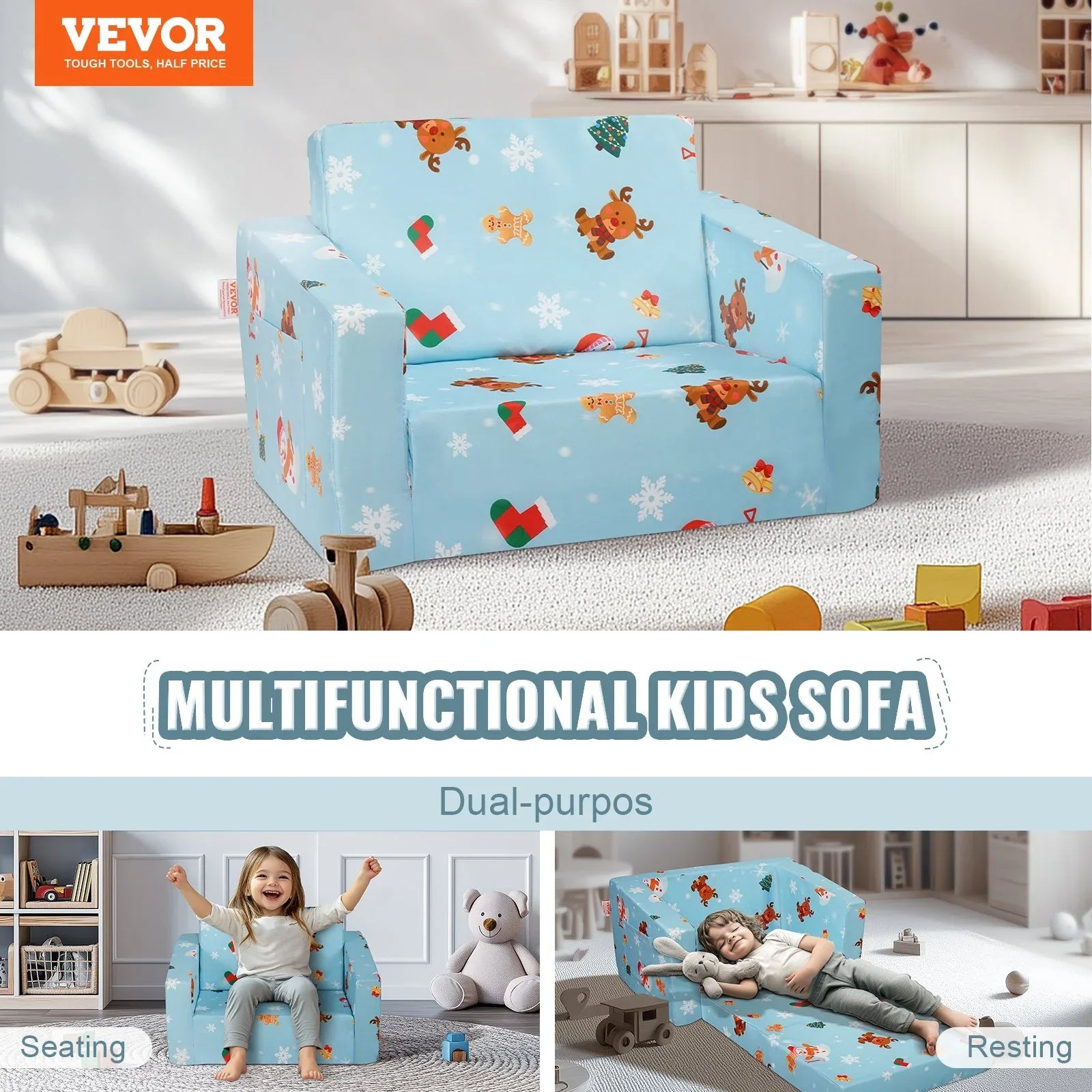 VEVOR Baby Chair Foldable 2-in-1 Baby Lounger Couch Cartoon Kids Sofa Pink - Mekamart Australia