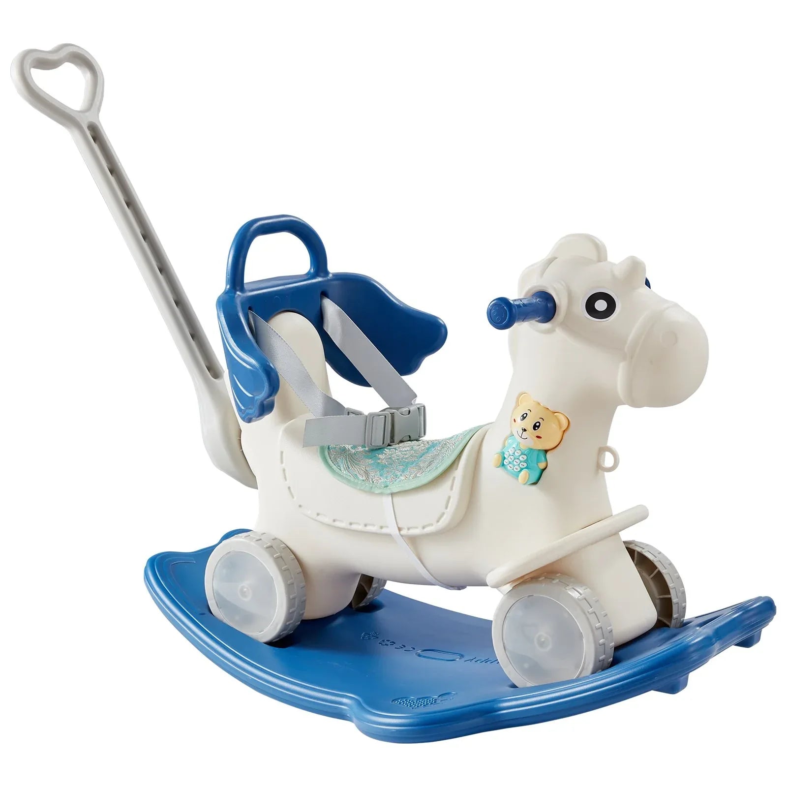 VEVOR 4 in 1 Rocking Horse for Toddlers 1-3 Years, Baby Rocking Horse with Detachable Balance Board, Push Handle and 4 Smooth Wheels, Support up to 80 lbs HDPE Kids Ride on Toy with Sound, Blue - Mekamart Australia