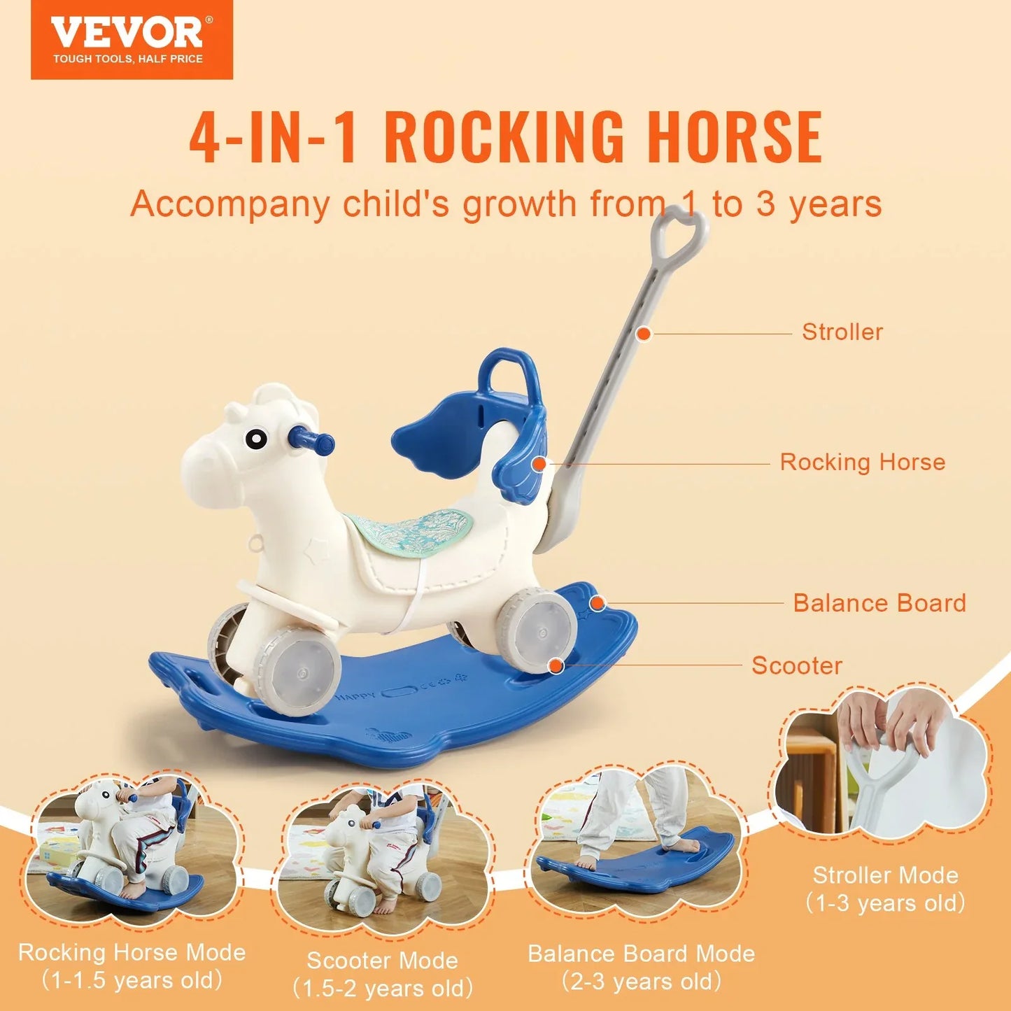 VEVOR 4 in 1 Rocking Horse for Toddlers 1-3 Years, Baby Rocking Horse with Detachable Balance Board, Push Handle and 4 Smooth Wheels, Support up to 80 lbs HDPE Kids Ride on Toy with Sound, Blue - Mekamart Australia