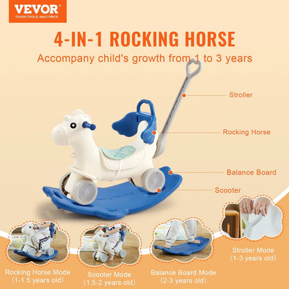 VEVOR 4 in 1 Rocking Horse for Toddlers 1-3 Years, Baby Rocking Horse with Detachable Balance Board, Push Handle and 4 Smooth Wheels, Support up to 80 lbs HDPE Kids Ride on Toy with Sound, Blue - Mekamart Australia