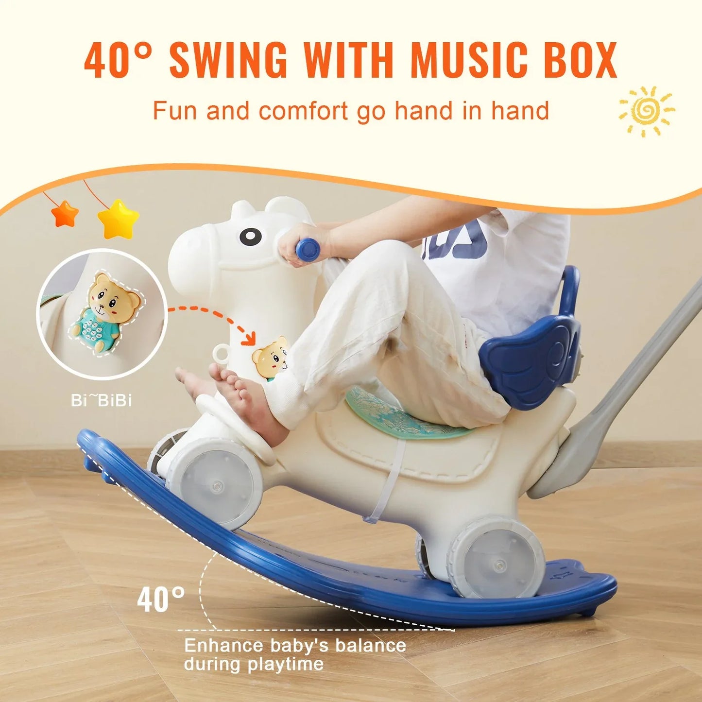 VEVOR 4 in 1 Rocking Horse for Toddlers 1-3 Years, Baby Rocking Horse with Detachable Balance Board, Push Handle and 4 Smooth Wheels, Support up to 80 lbs HDPE Kids Ride on Toy with Sound, Blue - Mekamart Australia