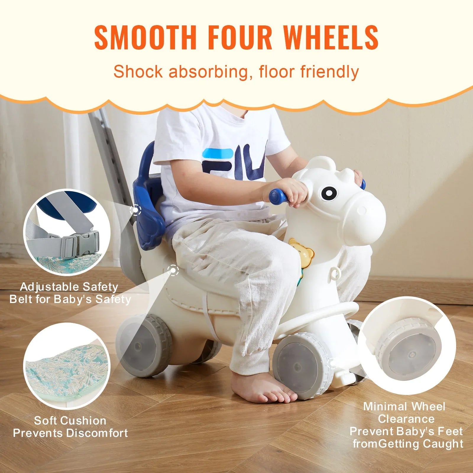 VEVOR 4 in 1 Rocking Horse for Toddlers 1-3 Years, Baby Rocking Horse with Detachable Balance Board, Push Handle and 4 Smooth Wheels, Support up to 80 lbs HDPE Kids Ride on Toy with Sound, Blue - Mekamart Australia