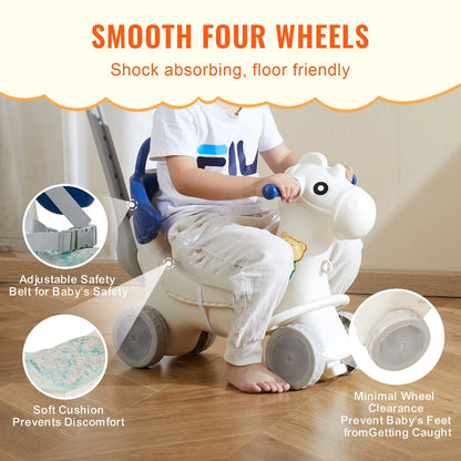 VEVOR 4 in 1 Rocking Horse for Toddlers 1-3 Years, Baby Rocking Horse with Detachable Balance Board, Push Handle and 4 Smooth Wheels, Support up to 80 lbs HDPE Kids Ride on Toy with Sound, Blue - Mekamart Australia