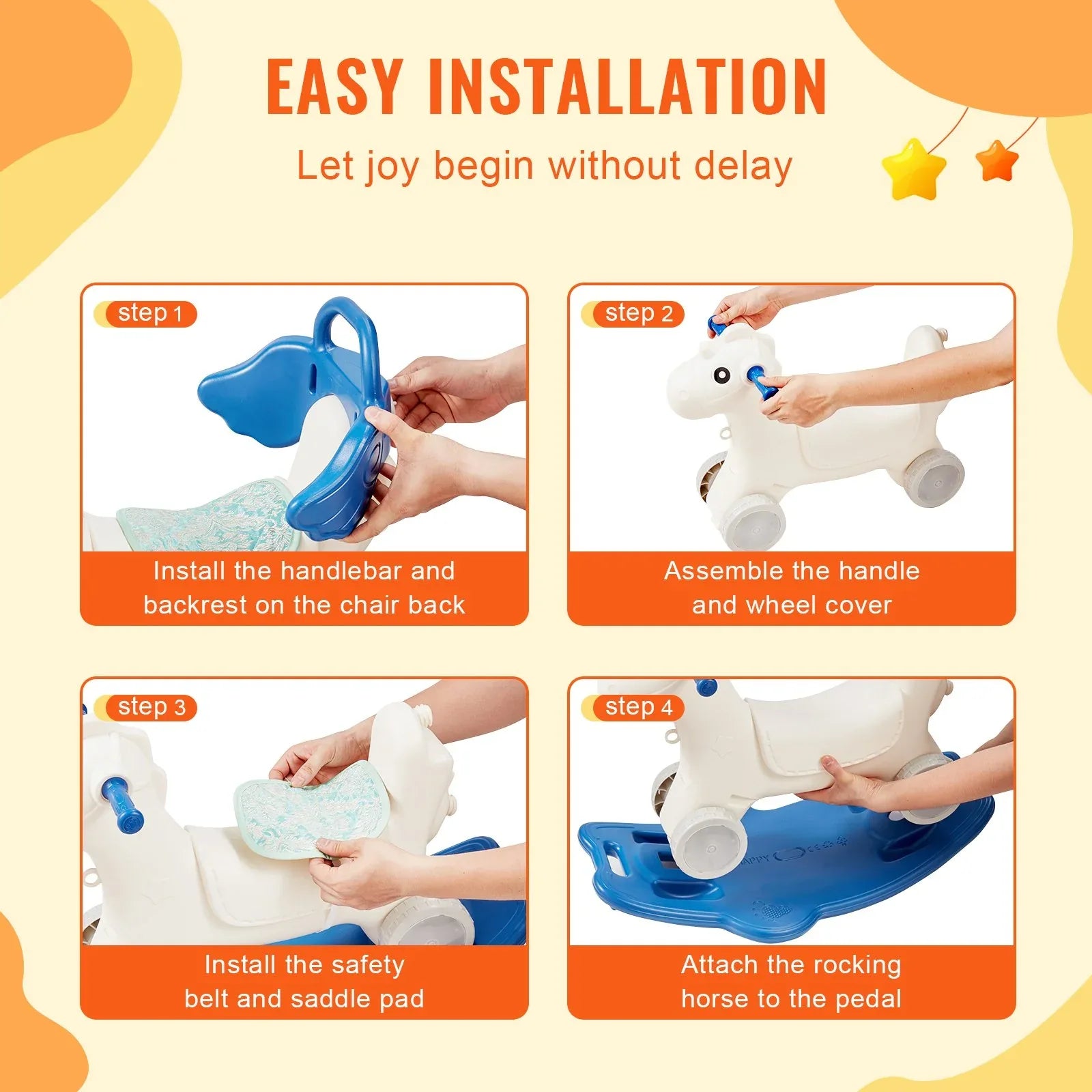 VEVOR 4 in 1 Rocking Horse for Toddlers 1-3 Years, Baby Rocking Horse with Detachable Balance Board, Push Handle and 4 Smooth Wheels, Support up to 80 lbs HDPE Kids Ride on Toy with Sound, Blue - Mekamart Australia