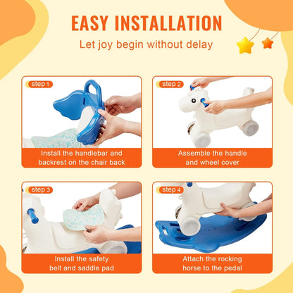 VEVOR 4 in 1 Rocking Horse for Toddlers 1-3 Years, Baby Rocking Horse with Detachable Balance Board, Push Handle and 4 Smooth Wheels, Support up to 80 lbs HDPE Kids Ride on Toy with Sound, Blue - Mekamart Australia