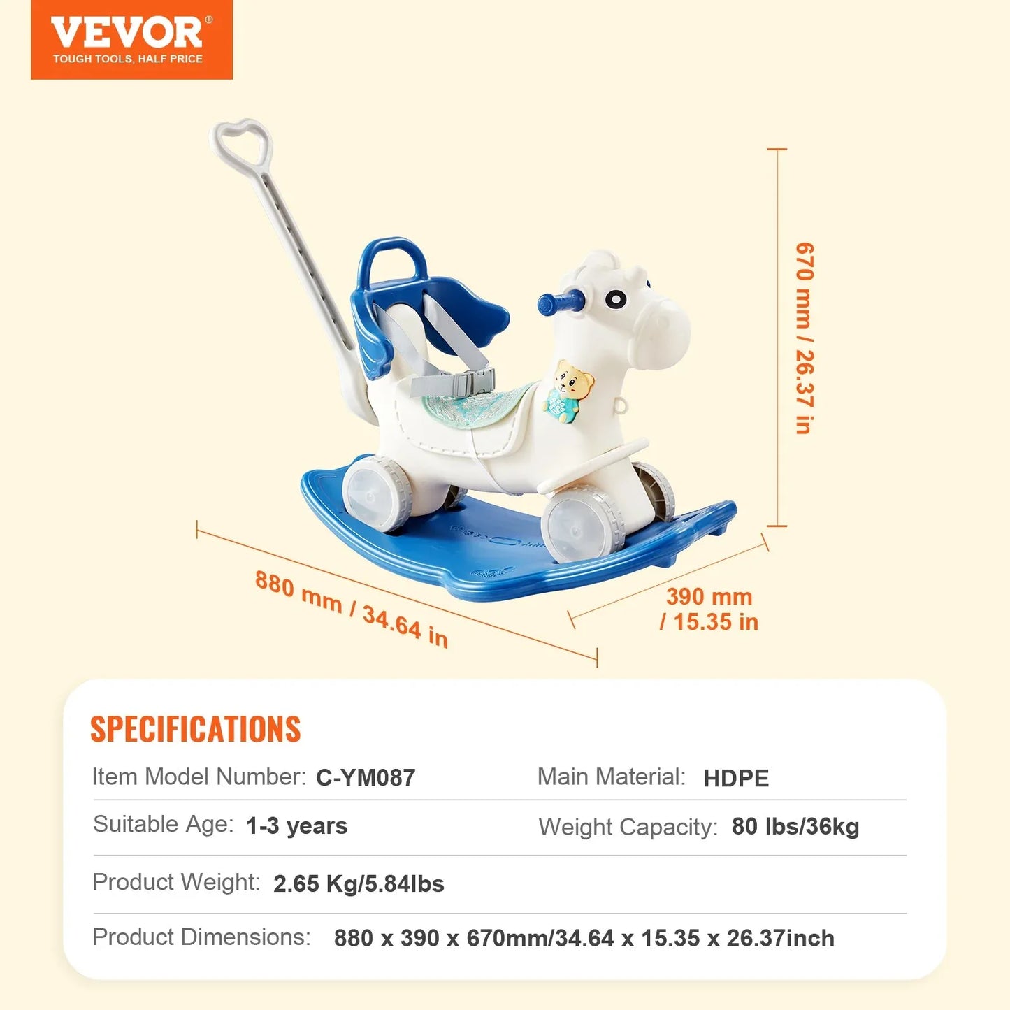 VEVOR 4 in 1 Rocking Horse for Toddlers 1-3 Years, Baby Rocking Horse with Detachable Balance Board, Push Handle and 4 Smooth Wheels, Support up to 80 lbs HDPE Kids Ride on Toy with Sound, Blue - Mekamart Australia