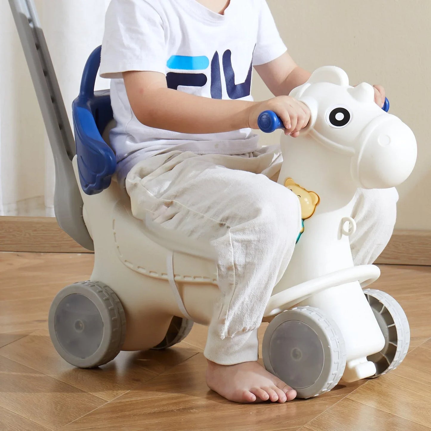 VEVOR 4 in 1 Rocking Horse for Toddlers 1-3 Years, Baby Rocking Horse with Detachable Balance Board, Push Handle and 4 Smooth Wheels, Support up to 80 lbs HDPE Kids Ride on Toy with Sound, Blue - Mekamart Australia
